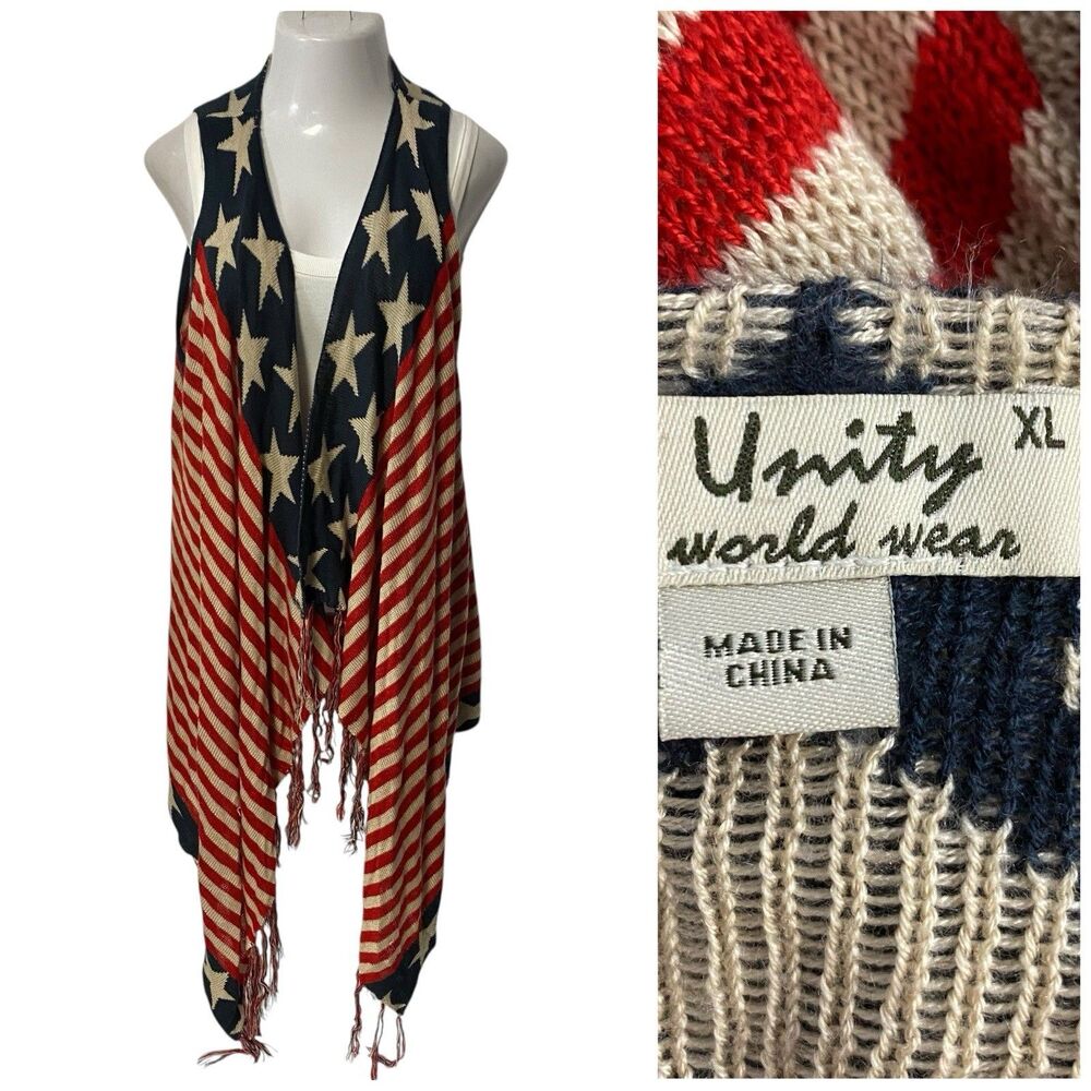 Unity World Wear Cardigan Womens XL 4th of July Patriotic American Flag Fringe - Picture 2 of 11